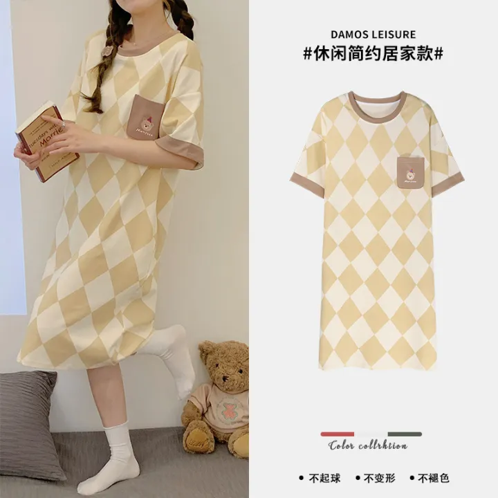 Pajamas%20Women's%20Summer%20Knitted%20Cotton%20Nightdress%20High-End%20Mid-Length%20Loose%20Large%20Size%20Korean%20Style%20Cute%20Dress%20Home%20Wear%20-%20Image%206