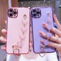 For iPhone 12 Pro Back Cover with Love Heart Chain Wrist Strap Fashion Bracelet Shiny Plating Bumper Protective Case Silicone Shockproof Mobile Phone Cases.