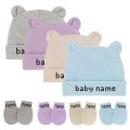 Custom Name Newborn Baby Cotton Beanies Hospital Hat and Mittens Set Solid Candy Color Stretchy Infant Warm Cap Gloves 0-1 Years.