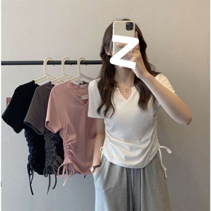 plus Size Women's Clothing 2024 Summer New v Collar Short Sleeve Shoulder T Women's Fat T-shirt mm Design Drawstring Slimming Hot Girl Top