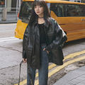 Leather Coat Women's Spring Mid-Length Autumn and Winter Korean Loose Leisure Hong Kong Style MotorcyclepuLeather Jacket with Cotton for Students.