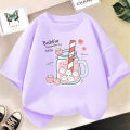 Strawberry Juice Graphic Print T-shirt Girls Aesthetic Pink Tops Tee 2023 Summer New Fashion Kids T Shirt.