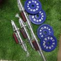 Eight Pieces Dumbbell Set With Two 10 inch Sticks - 10Kg - Blue and Silver Combo. 