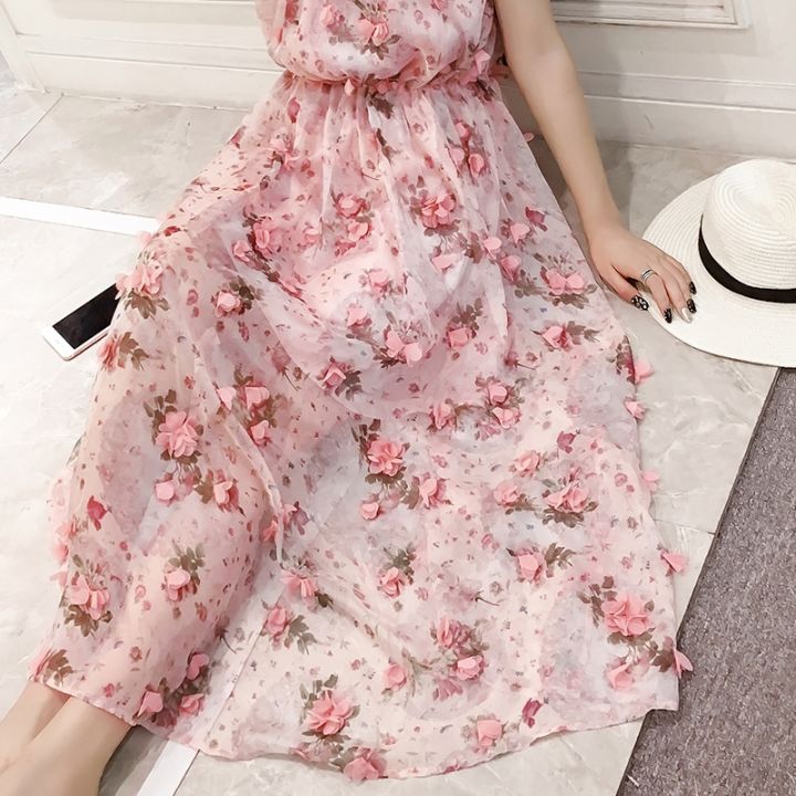 Korean Dongdaemun Floral Halterneck with Suspenders off-Shoulder Chiffon  Dress Women's Summer Bohemian Princess Beach Long Dress | Daraz.com.bd