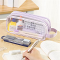 1 Piece Grid Mesh Pencil Case 2 Compartment Pen Bag Clear Pencil Pouch For Teen Student College Pink.