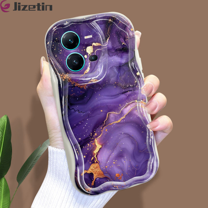Jizetin for Vivo V25 5G V25E Back Cover Gilded Marble Cream Wavy Edge Soft Silicone Phone Case