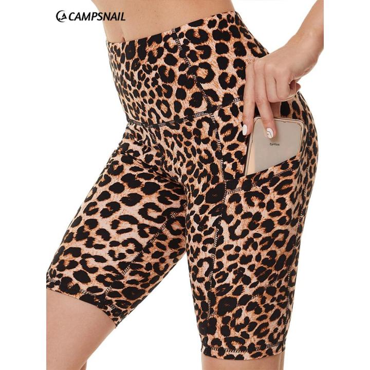 CAMPSNAIL Leopard Casual Biker Shorts With Pockets For Women High Waist Elastic Gym Sport Short Pants Soft Fitness Yoga Legging