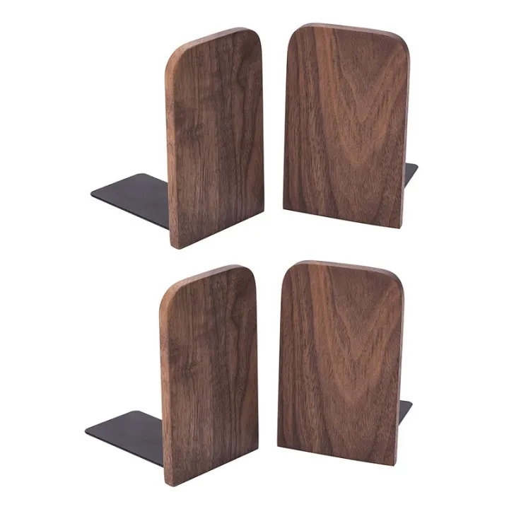 4Pcs%20Wooden%20Bookends%20with%20Metal%20Base%20Heavy%20Duty%20Black%20Walnut%20Book%20Stand%20with%20Anti-Skid%20Dots%20for%20Office%20Desktop%20-%20Image%202