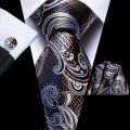Hi-Tie Paisley Brown Tie For Men Elegant Mens Necktie Pocket Square Cufflink Groom Wedding Accessory Wholesale New Designer.