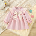 (0-3 Years Old Girls) Autumn/Winter New Girls Dress Bow Ribbon Small Flying Sleeve Round Neck Sweet Princess Dress Solid Color Birthday Party Team Dress. 