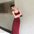 Spaghetti Strap Dresses Women Retro Slim Simple Daily A-line Maxi Dress.