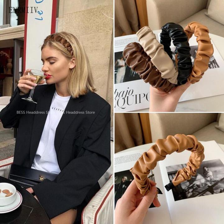 Vintage PU Leather Hair Bands for Women Grils Simple Solid Headband Hair Band Female Hair Hoop Hair Accessories Handmade Bezel