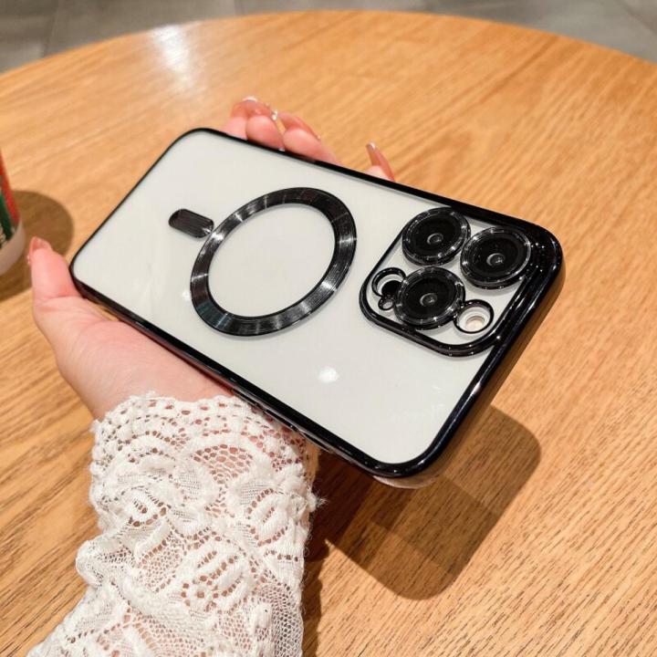 Transparent Shockproof Phone Cover With Lens Films For iPhone 15 14 13 12 11 Pro Max XS XR X Magsafe Plating Anti-fall Clear Phone Case Wireless Charging Magnetic Phone Casing Full Cover
