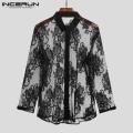 Men Mesh Shirt Lace Lapel Long Sleeve 2023 Transparent Streetwear Camisas Fashion Party Nightclub Shirts Men S-5XL INCERUN. 