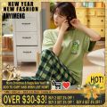 Sleepwear Cartoon Cotton Pajamas for Women Long Pants Short Sleeved Summer Spring Loungewear  Fashion Home Clothing Homewear. 