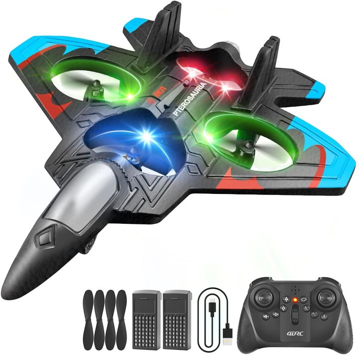 PTEROSAURIA Remote Control Flying Jet Fighter | LED Light Drone Plane Toy | Dual Propeller Hand Launch RC Airplane | 4-12 Years Kids Flying Toy with Remote