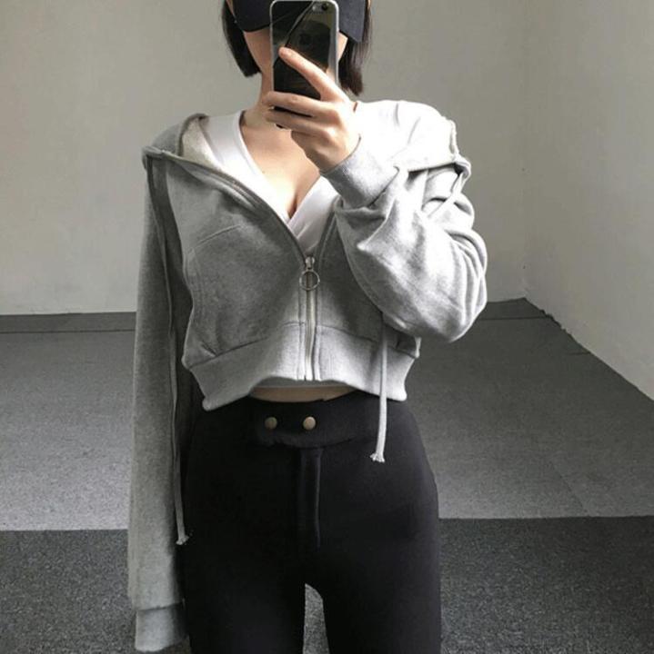 Spring%20and%20Autumn%20New%20Cardigan%20Cropped%20Top%20Korean%20Version%20Hooded%20Sweatshirt%20Women's%20Thin%20Solid%20Color%20Student%20Zipper%20Small%20Jacket%20Looks%20Thin%20-%20Image%203
