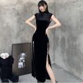 Gothic Women Dress Cheongsam Chinese Style Long Dresses Vintage Velvet Long Sleeve Side Split Lace Up Women Goth 2021.