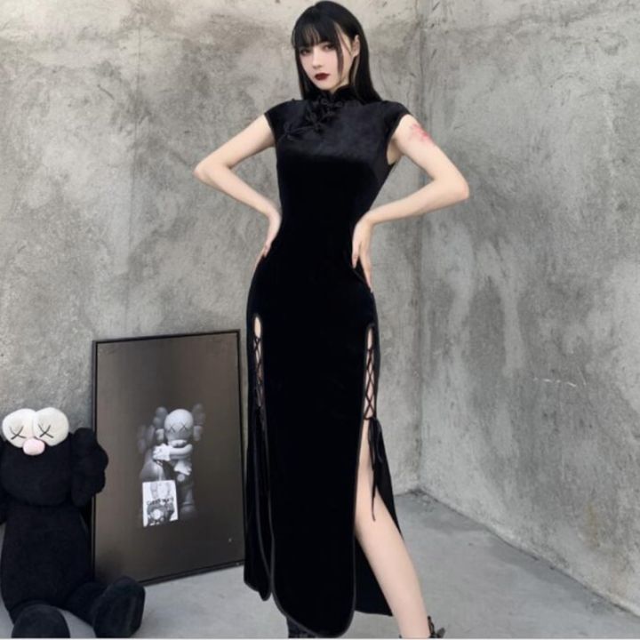 Gothic Women Dress Cheongsam Chinese Style Long Dresses Vintage Velvet Long Sleeve Side Split Lace Up Women Goth 2021