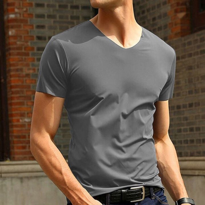 2021%20Men's%20T-shirt%20Japan%20Short%20Sleeve%20Male%20Ice%20Silk%20Trackless%20T-shirt%20V-neck%20Slim%20Summer%20Pure%20Colors%20Clothing%20T%20Shirts%20Tops%20Tee%20-%20Image%205