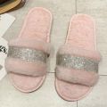 Winter Luxury Rhinestone Women Warm Fur Slippers Cozy Fluffy Furry Slides Crystal Flat Indoor Design Home Shoes Ladies 43. 