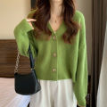 Avocado Green Knitted Cardigan for Women Loose and Lazy Style V Collar Long Sleeve Sweater Coat Japanese College Shawl Outer Match.