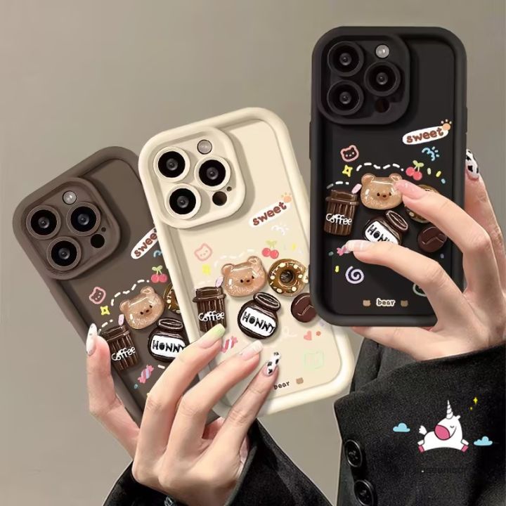 Cute 3D Doll Coffee Little Bear Cartoon Graffiti Phone Case Compatible for IPhone 17 16 15 14 11 12 13 Pro Max 7Plus XR XS Max X 7 8 6 15 6S Plus SE 2020 Soft Angel Eyes Shockproof Cover
