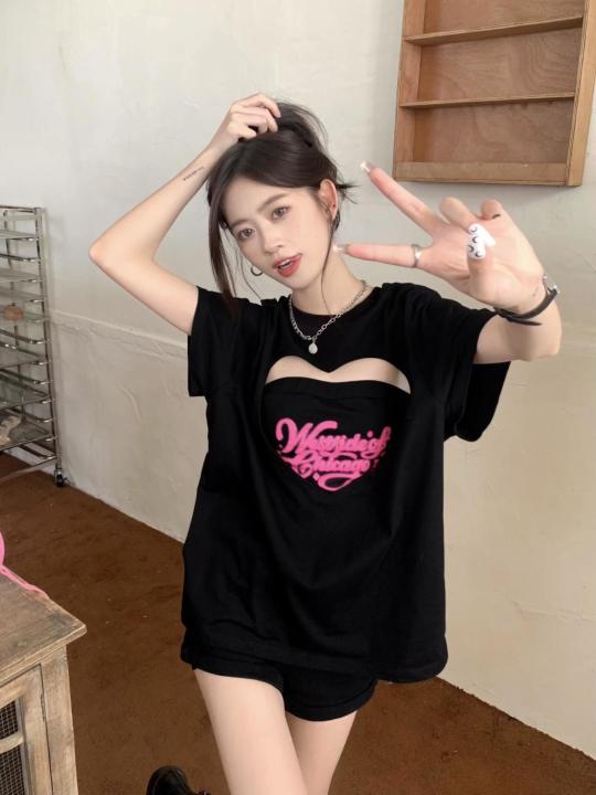 Calolay%20Sweet%20Hot%20Girl%20Hollow%20Heart%20Short%20SleeveTT-shirt%20Women's2022Summer%20New%20Korean%20Style%20Mid-Length%20Loose%20Top%20-%20Image%207
