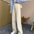 Off-White Micro Wide-Leg Jeans Women's High Waist Slimming Loose Apricot All-Match Draping Elastic Waist Student Black Pants.
