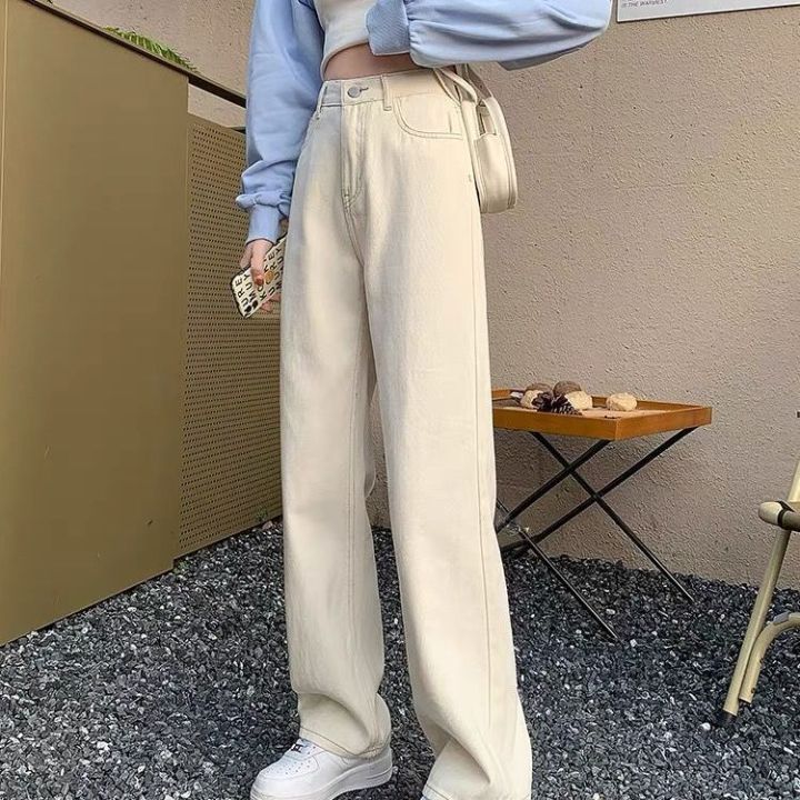 Off-White%20Micro%20Wide-Leg%20Jeans%20Women's%20High%20Waist%20Slimming%20Loose%20Apricot%20All-Match%20Draping%20Elastic%20Waist%20Student%20Black%20Pants%20-%20Image%202