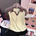 Sweet and Spicy Drawstring Contrast Color Short Sleeve polo Collar T T-shirt Women's Summer Loose Slimming Chic Half Sleeve Top. 