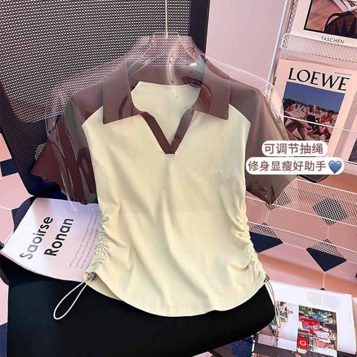 Sweet%20and%20Spicy%20Drawstring%20Contrast%20Color%20Short%20Sleeve%20polo%20Collar%20T%20T-shirt%20Women's%20Summer%20Loose%20Slimming%20Chic%20Half%20Sleeve%20Top%20-%20Image%203