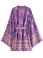 Purple Floral Print Sashes Bohemian Short Robe Kimino Dress for Women V Neck Batwing Sleeves Rayon Beach Boho Bikini Cover-ups.