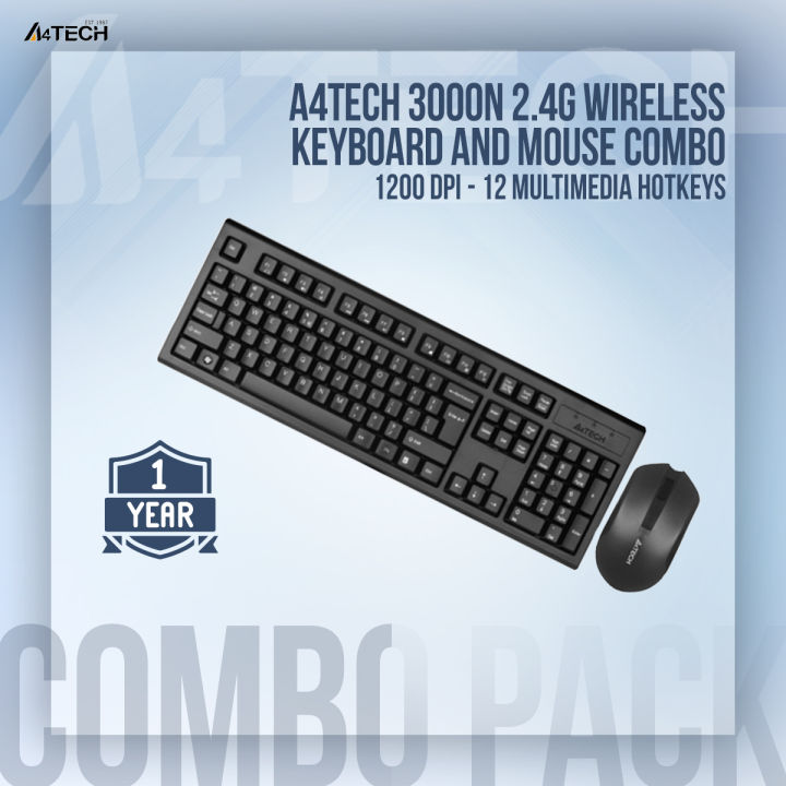 A4tech 3000N 2.4G Wireless Keyboard - Bangla Layout - 1200 DPI - 12 Multimedia Hotkeys - 12 Months Battery Life - For PC/Laptop - Black