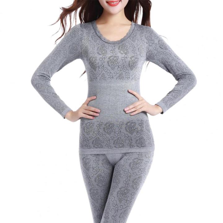 1 Set Women Long Johns Fashion Pattern Lace Long Sleeve O-Neck Winter Solid Color Thermal Underwear Suit Pajama Set Women
