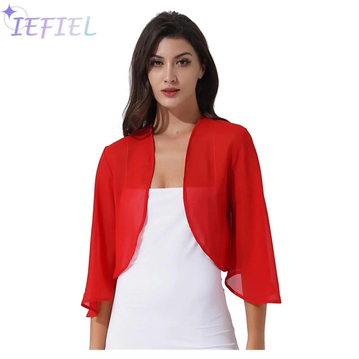 Women 3/4 Sleeve Solid Color Chiffon Open Front Cardigan Bolero Jacket Shawl Wraps Spring Summer Outdoor Casual Wear