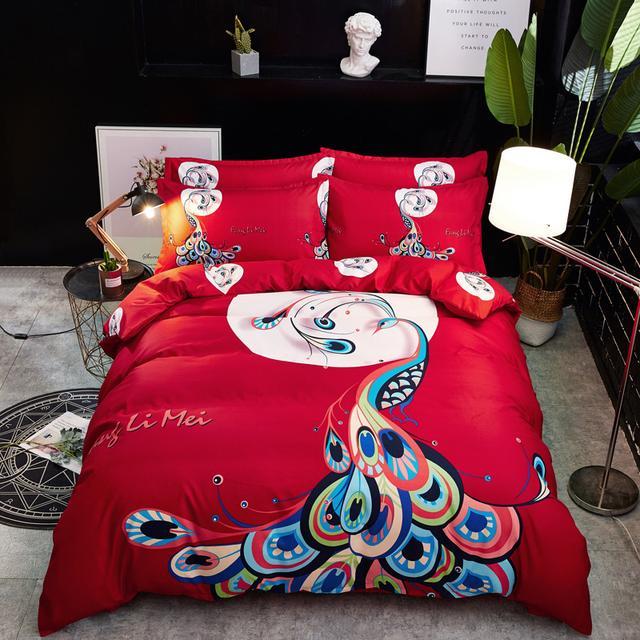 Feather Peacock Pattern Print Duvet Cover Bedding Set