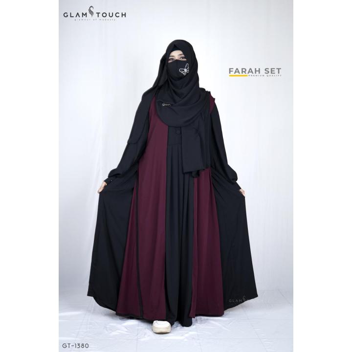 Glam Touch- 3 Part High Quality FARAH ABAYA SET(Gown + Koti/Kimono + Matching Hijab) Made With Premium Dubai Cherry Fabric for Muslim Women