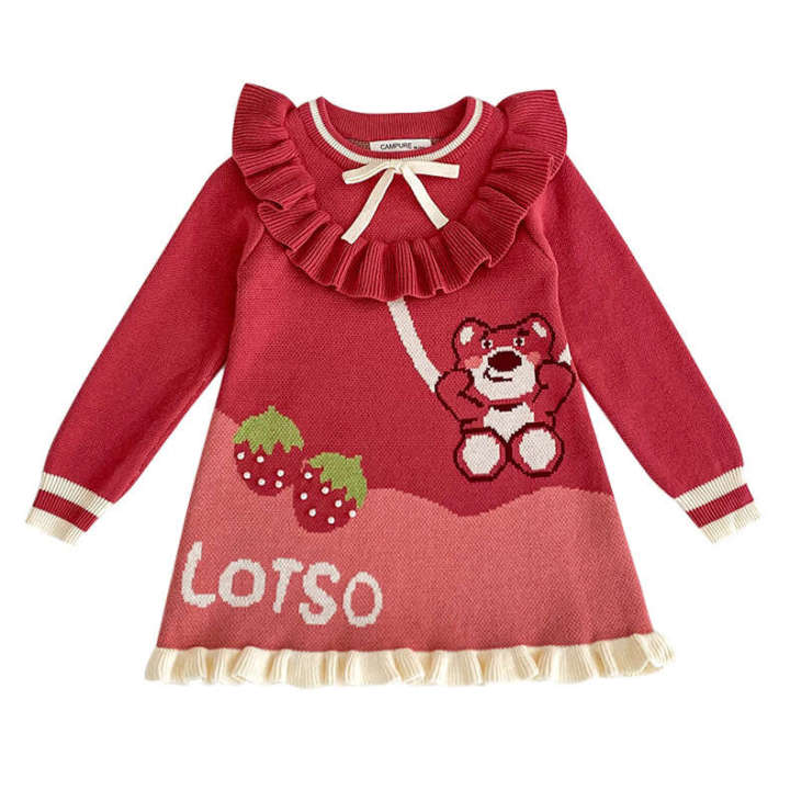 2024%20Autumn/Winter%20New%20Girls'%20Knitted%20Cute%20Pink%20Strawberry%20Bear%20Baby%20Girl%20Warm%20Pure%20Cotton%20Pullover%20Dress%20-%20Image%206