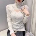 New Fashion Long Sleeve Lace Personality Hollow-out Slim Fit Slimming Versatile Half-High Collar Bottoming Shirt Women's Fashion.