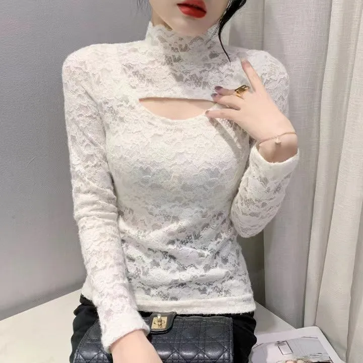 New%20Fashion%20Long%20Sleeve%20Lace%20Personality%20Hollow-out%20Slim%20Fit%20Slimming%20Versatile%20Half-High%20Collar%20Bottoming%20Shirt%20Women's%20Fashion%20-%20Image%206