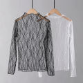Elegant Lace T-shirt For Women Mesh Long Sleeve Tops Hot Transparent High Neck Black Lace Bottoming Shirts Punk Tee Tops. 