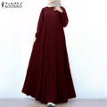 ZANZEA Muslimah Womens Muslim Pleated Baggy Long Sleeve A Line Elegant Maxi Dress.