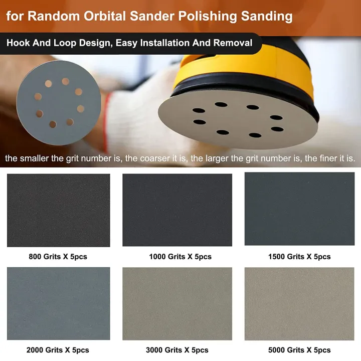 30Pcs%205-Inch%20Sanding%20Disc%20Sets,%20Hook&Loop%205-Inch%208-Hole%20Combination%20(800/1000/1500/2000/3000/5000)%20Sandpaper%20New%20Silicon%20Carbide%20-%20Image%202