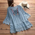 Summer Shirt V-Neck Crochet Lace Trim Flower Decor Casual Shirt.