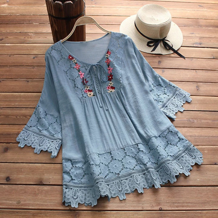 Summer%20Shirt%20V-Neck%20Crochet%20Lace%20Trim%20Flower%20Decor%20Casual%20Shirt%20-%20Image%203
