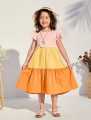 Kids’ Patchwork Midi Dress – Casual, Color Block, Flounce Sleeves, High Waist, Plain Design.