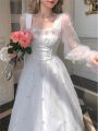 Autumn Spring White Mesh Fairy Dress Woman French Vintage Embroidery Floral Flare Sleeve Princess Prom Dresses Vestido Blanco. 