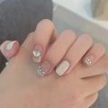 【The road to happiness Store】Short Fake Nails Square Head Love Rhinestone White Fake Nail Korean Cute False Nails Nail Art With Design For. 