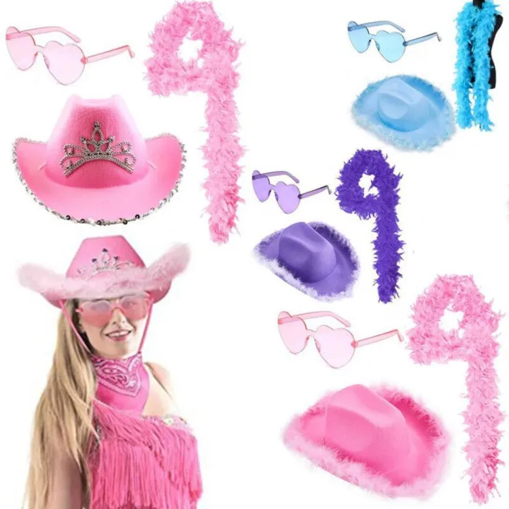 Happy Styles Love Tour Pink Feather Hat  & Glaeese Set Concert Fancy Dress Decor Cowboy Hat